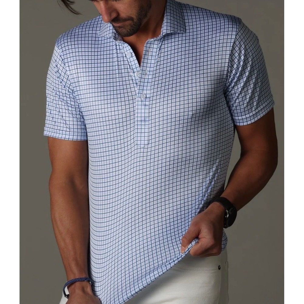 Collars & Co Mens LARGE Polo Shirt Blue White Tattersall Check Dress Collar NEW - Picture 10 of 10